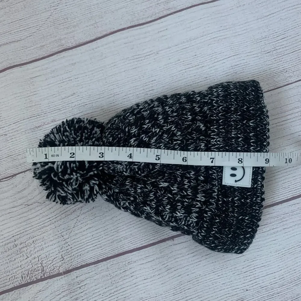 Kids Black and White Stocking Hat with Pom Folded Cuff Fleece Interior Small
